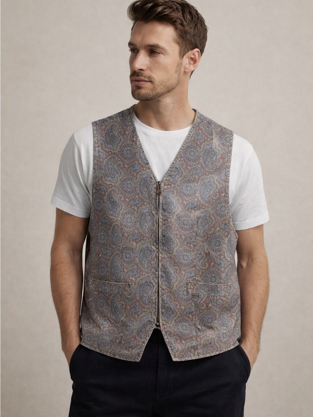 Lizwear Vintage 90s Paisley Denim Vest Western Zip Front S Boho Country Chic